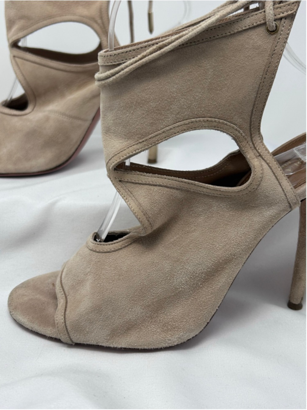 Aquazzura Sexy Thing Nude Beige Suede Lace Up Heels 38.5 Peep Toe - Picture 4 of 12